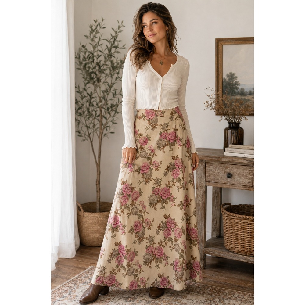 Real Comfort Floral Rose Maxi Skirt Size 10 Cottagecore Romantic A Line